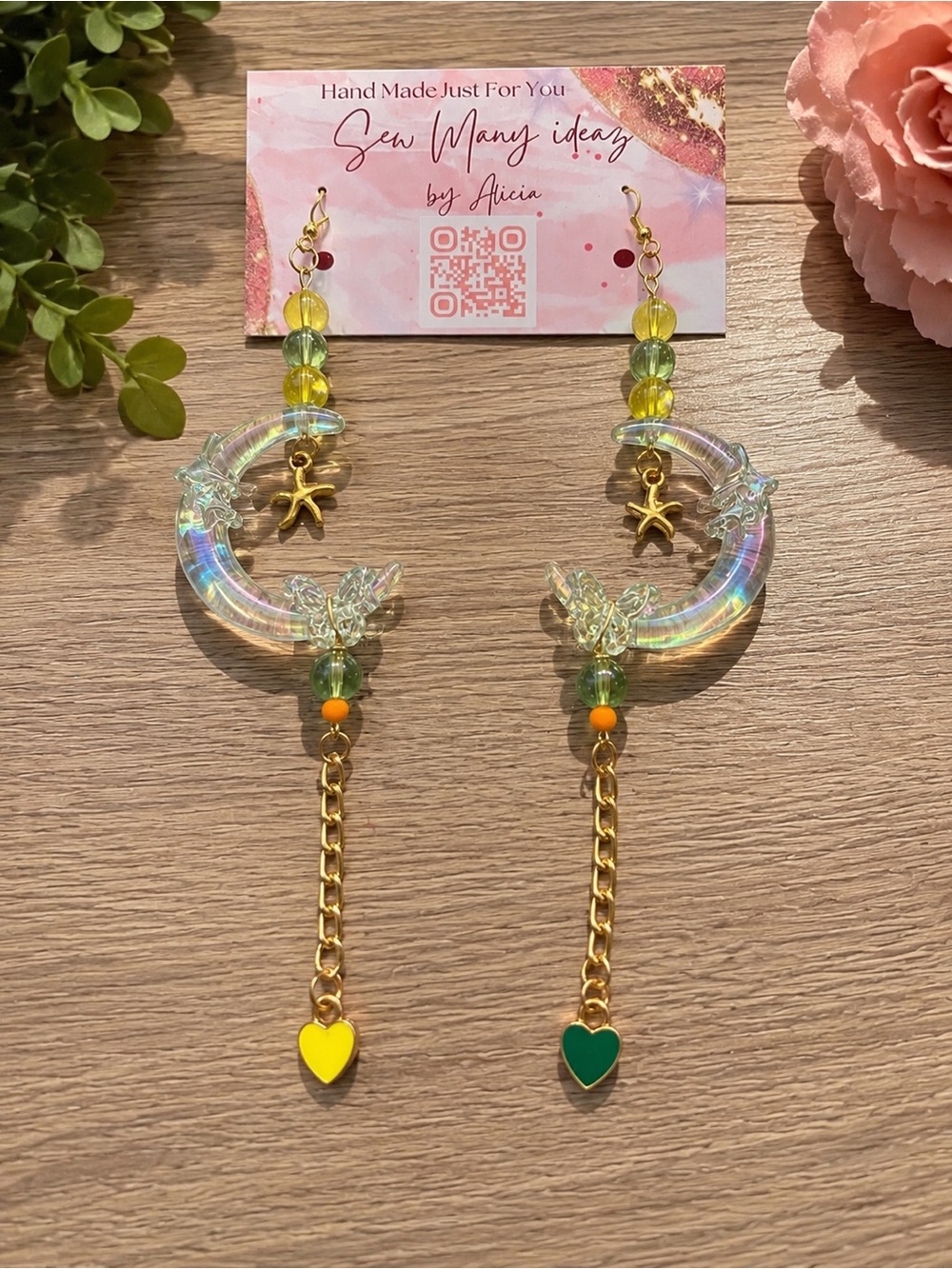 Iridescent Crescent Hoop Earrings with Green & Yellow Beads